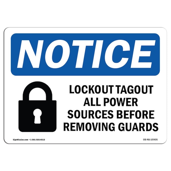 Safety Sign, OSHA Notice, 18" Height, NOTICE Lockout Tagout All Power Sources Sign, Landscape